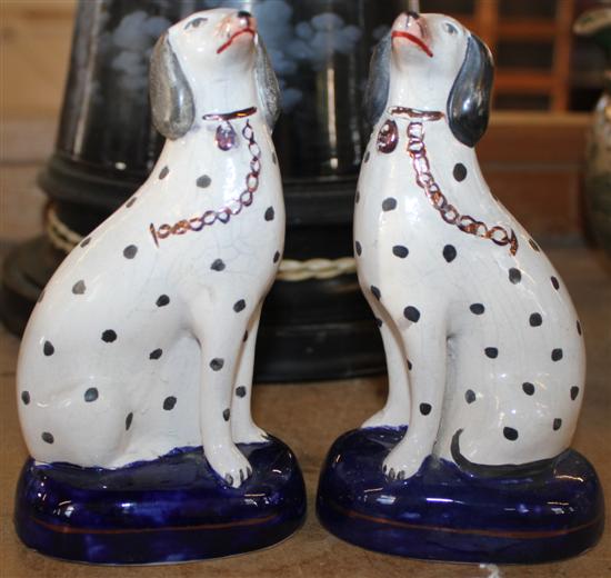 Pair of Staffordshire dalmations on gilt-lined deep blue bases, 7 Continental procelain half dolls, vases etc(-)